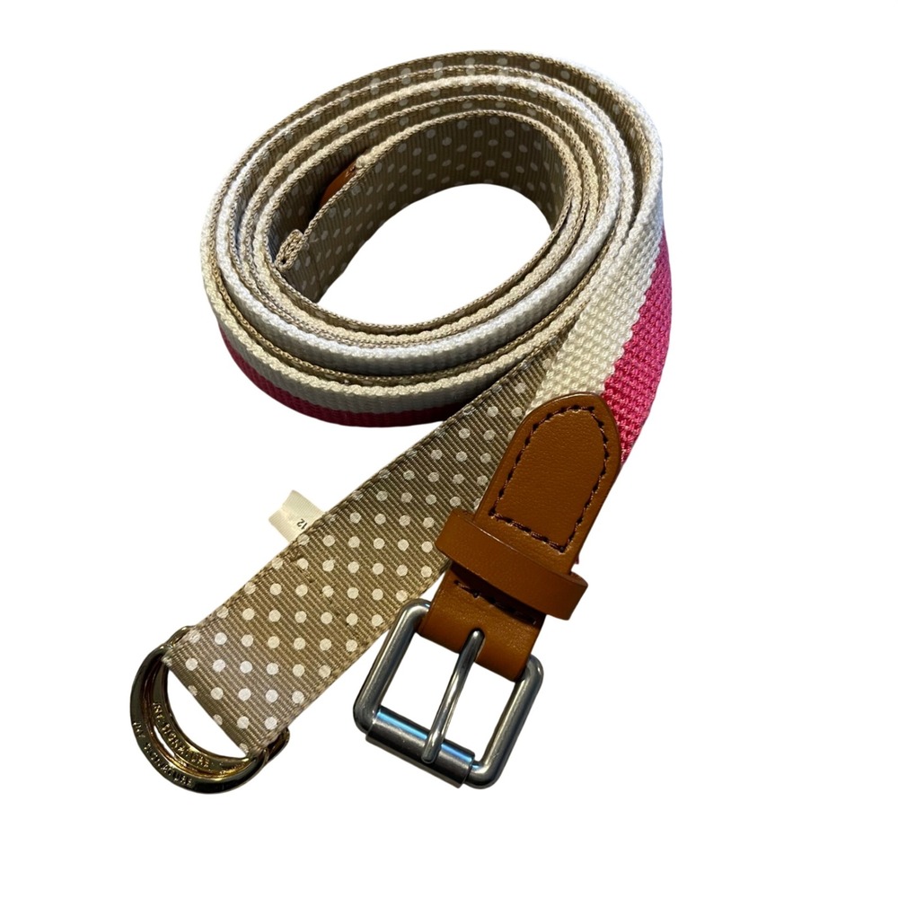 Womens Canvas Belt Polka Dot Pink White Stripes Leather Buckle D Ring set‎ of 2